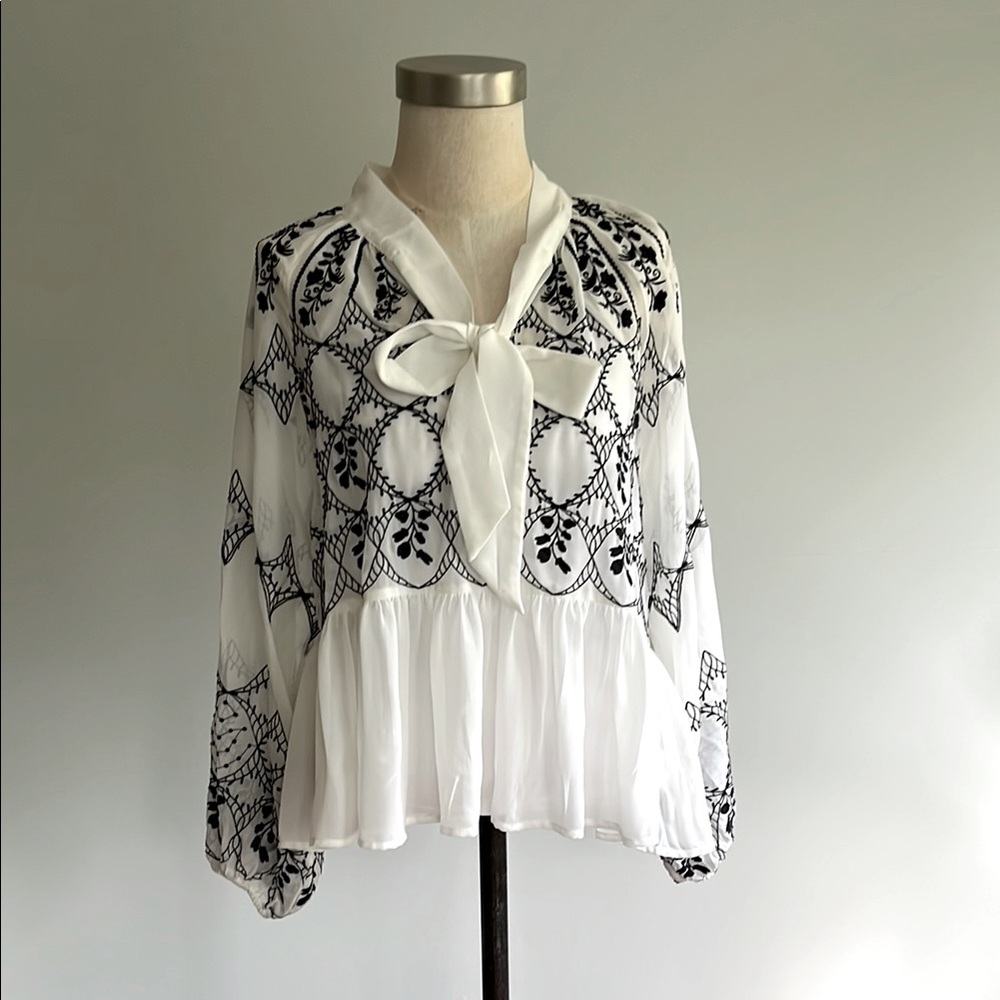BY ANTHROPOLOGIE LONG-SLEEVE TIE-NECK EMBROIDERED BLOUSE - Picture 5 of 13